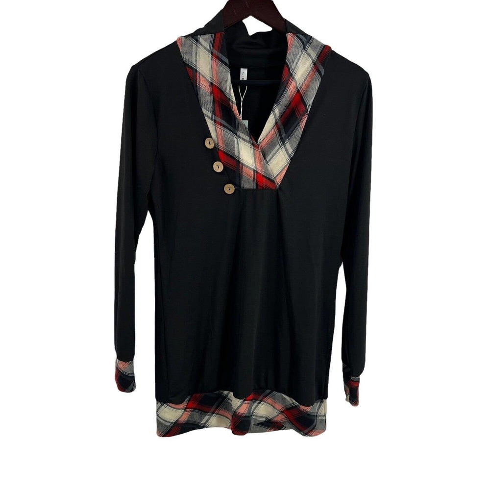 DressFo Black Long Sleeve Tunic Plaid Collar Size XL New‎